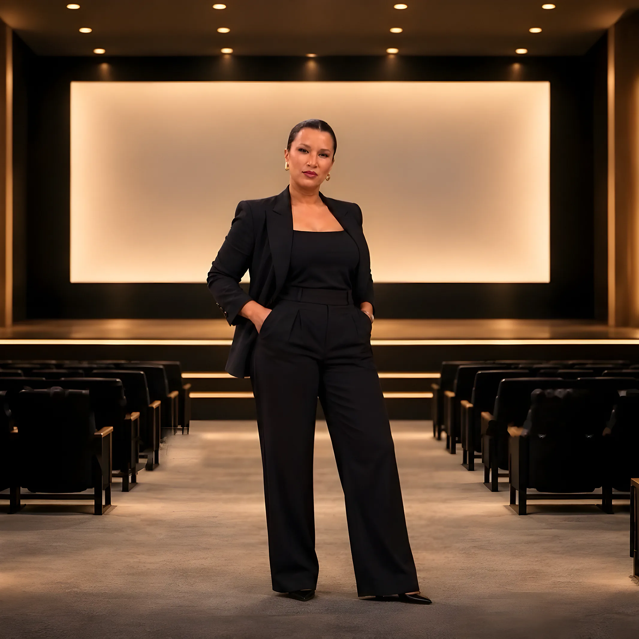 Cris Prado de terno preto no centro de um auditório