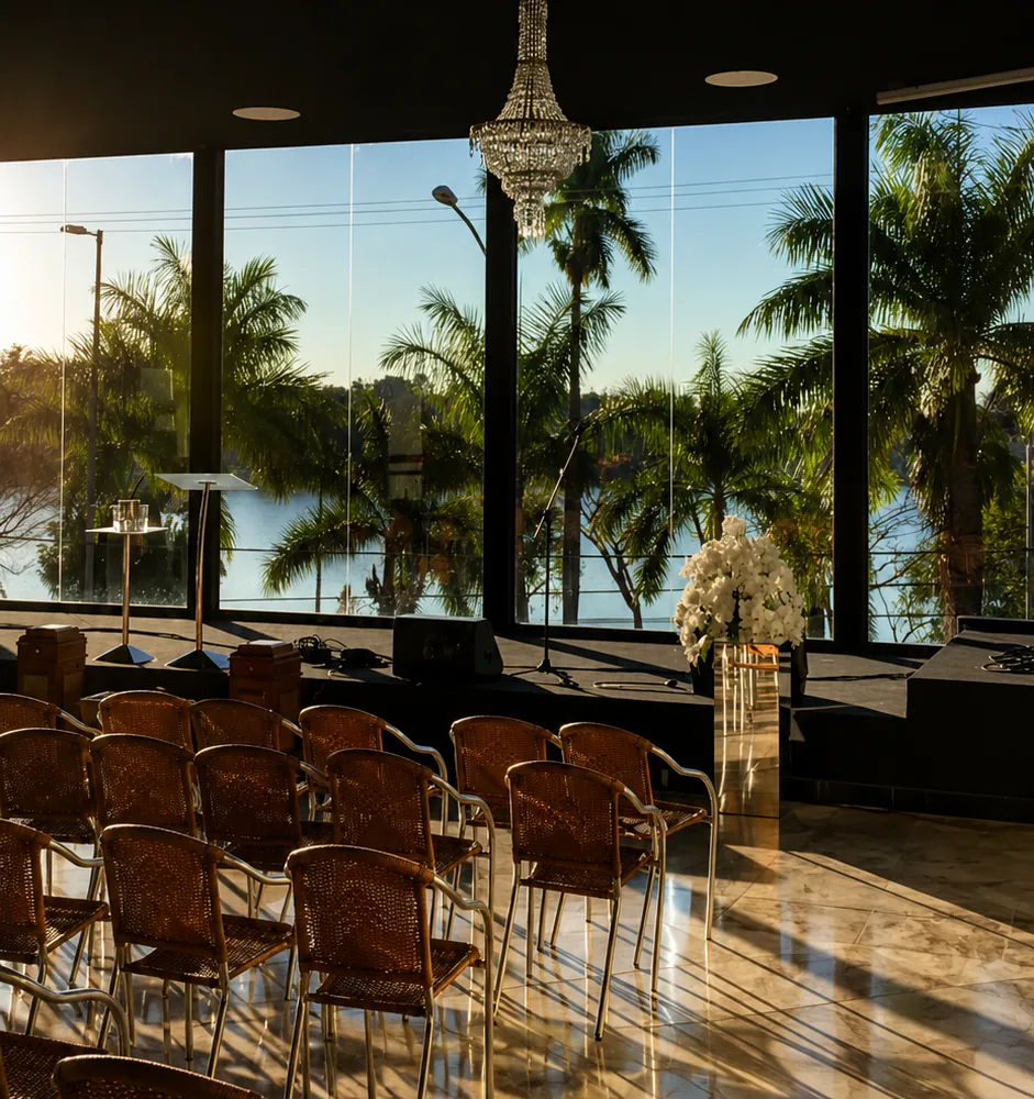 Salão montado para um evento, com vista para o lago